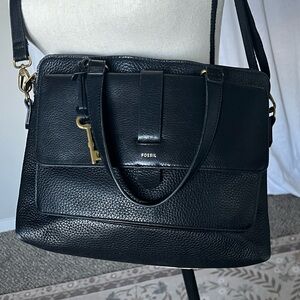 Fossil Black Pebbled Leather Satchel Crossbody Bag w/ Key Charm Multiple Pockets